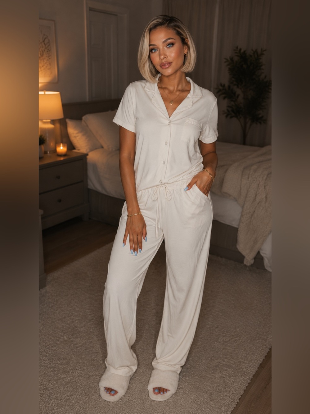 Hunter Cream Short-Sleeve Button Front Lounge Pajama Set